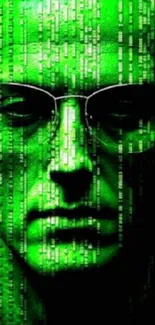 Futuristic matrix-style wallpaper with green code and face.