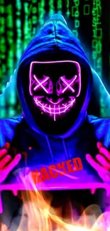 Neon hacker with glowing mask and vibrant colors, perfect mobile wallpaper.