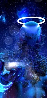 Futuristic blue halo figure with galaxy in hand.