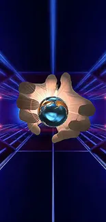 Futuristic art of hand holding a glowing globe in neon lights.