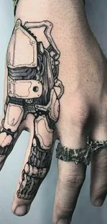 Futuristic hand tattoo with a robotic design.