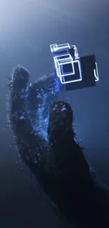 Futuristic hand holding a neon cube on a dark blue background.