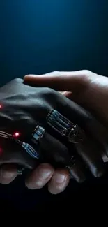 Futuristic cyber handshake with glowing lights on dark background.