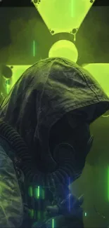 Hooded figure in a gasmask with neon green glow, sci-fi wallpaper.