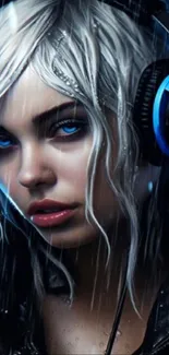 Futuristic girl with headphones in rain, glowing blue accents.