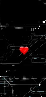 Futuristic wallpaper with red heart and circuit design.