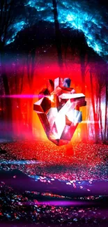 Futuristic heart in a vibrant mystical forest wallpaper.