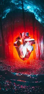 Futuristic heart floating in a vibrant forest scene with red and blue hues.