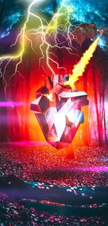 Futuristic geometric heart with lightning in a vibrant forest setting.