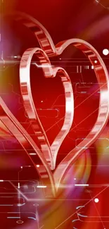 Futuristic heart design with red background.