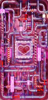 Futuristic heart among vibrant pink pipes on wallpaper.