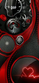 Futuristic red and black heart-themed wallpaper with gears.