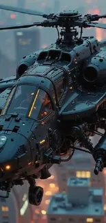 Futuristic helicopter flying over illuminated cityscape at dusk.