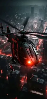 Futuristic helicopter flying over a neon-lit city skyline at night.