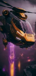 A futuristic helicopter in a neon-lit cyberpunk city.