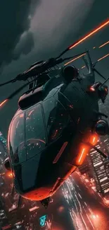 Futuristic helicopter flying over neon-lit cityscape at night.