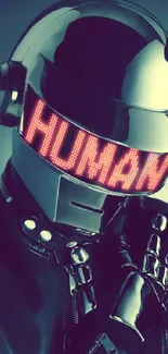 Futuristic helmet with neon text reading 'Human'.