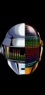 Futuristic metallic helmet with colorful LED design on black background.