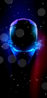 Futuristic helmet with glowing blue and red hues on a dark background.