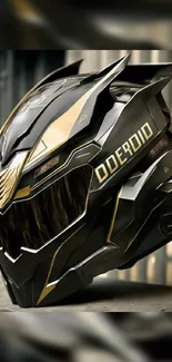 Sleek black and gold futuristic helmet design.