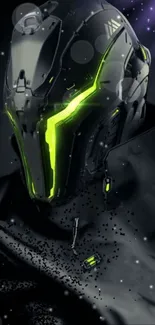 Futuristic helmet with neon green glow on a dark background.