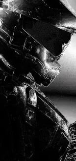 Futuristic helmet silhouette on a grayscale wallpaper.