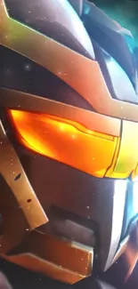 Futuristic helmet with orange highlights on a digital wallpaper background.