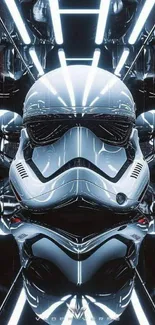 Futuristic stormtrooper helmet with reflections.