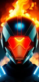 Futuristic helmet with orange flames background.