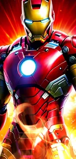 Superhero in red and gold armor with glowing background.