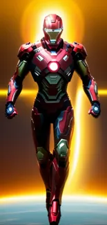 Futuristic armored hero in vibrant colors with a glowing background.