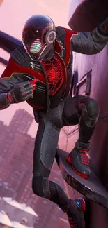 Futuristic hero climbing a building with cityscape background.