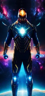 Futuristic hero in glowing cosmic armor amidst galaxy backdrop.