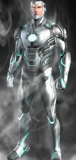 Futuristic hero armored in silver gray suit, standing boldly.