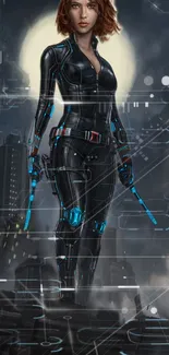 Futuristic hero in a cyber suit overlooking cityscape.