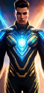 Futuristic hero in glowing blue armor with cosmic background.