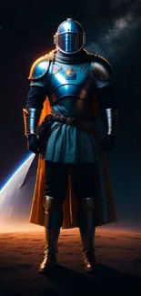 Futuristic hero in shining armor with cosmic backdrop.