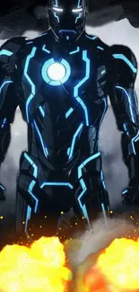 Futuristic hero in glowing blue armor with fiery explosions.