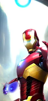 Iron Man in red and gold armor with a glowing background.