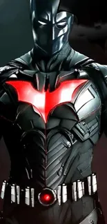 Futuristic hero in a sleek dark suit with red glowing emblem.