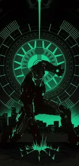 Futuristic hero in neon green cityscape wallpaper.