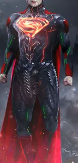 Futuristic superhero with neon armor in dynamic red and black outfit.