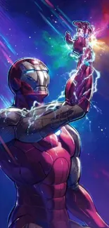 Futuristic hero in neon galaxy wallpaper with vibrant colors.