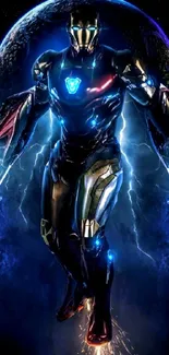 Futuristic hero in armor with cosmic lightning backdrop.