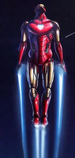 Futuristic superhero in red armor flying at night.