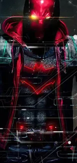 Futuristic armored hero in red and black on a dark mobile wallpaper.