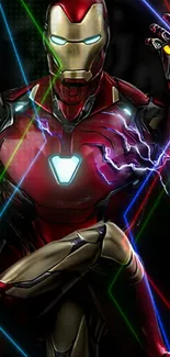 Futuristic hero in red armor with glowing effects mobile wallpaper.