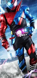 Futuristic hero in red and blue against a cityscape with lightning.