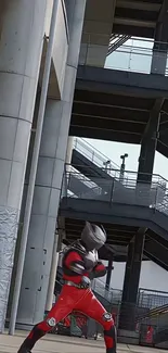 Futuristic hero in red suit by industrial staircase.