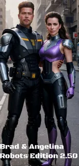 Futuristic warriors standing in urban street, wearing robotic suits.